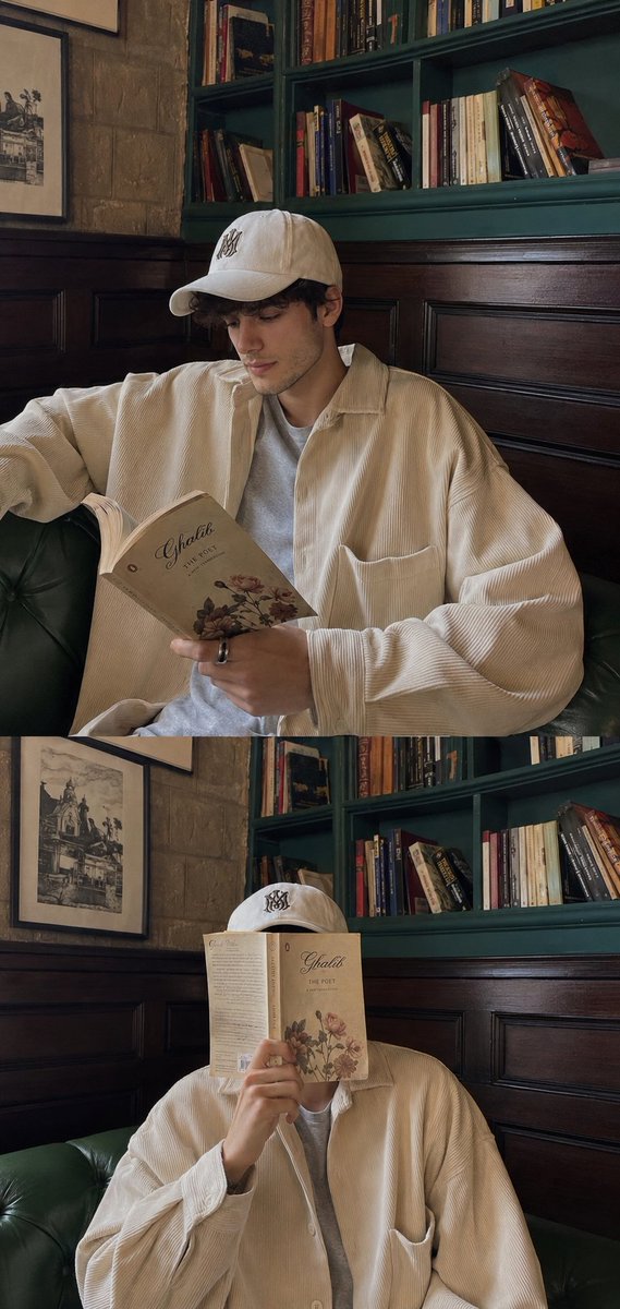 一个年轻男子在装饰风格的咖啡馆/图书馆角落放松的生活拼贴画，室内为青绿色调，搭配复古木质墙板。自然随性的智能手机摄影美学，柔和的日光，逼真的皮肤质感，沉静知性的氛围，以及极简的忧…