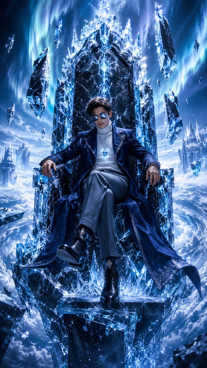 超写实电影级奇幻人像，精确面部参考，IMAX 专业级 + 五级质量，9:16 竖版构图。 戏剧性仰视角度的全身构图。冷静地坐在一尊由冰川水晶和冻黑曜石完全构成的巨大古老王座上，王…