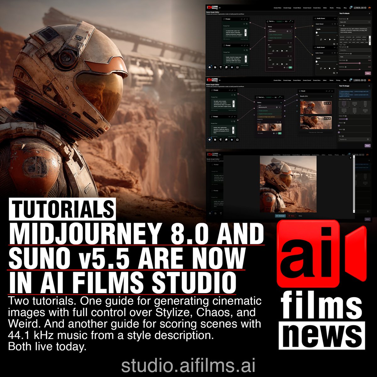 两个新教程,介绍两款你可能早就想使用的工具。 Midjourney 8.0 现已在 AI FILMS Studio 图像工作区上线。每个提示词生成 4 张电影感图像,消耗 100…