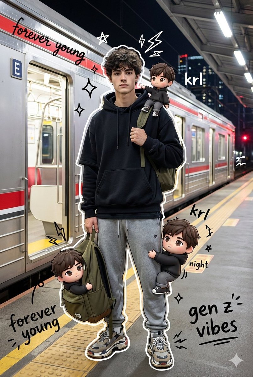 混合媒介肖像:一位时髦的年轻男子夜晚站在 KRL Jabodetabek 通勤线(Commuter Line)站台上。他自信地摆姿势,一只手抓着橄榄绿色双肩包的肩带,身着街头服饰…