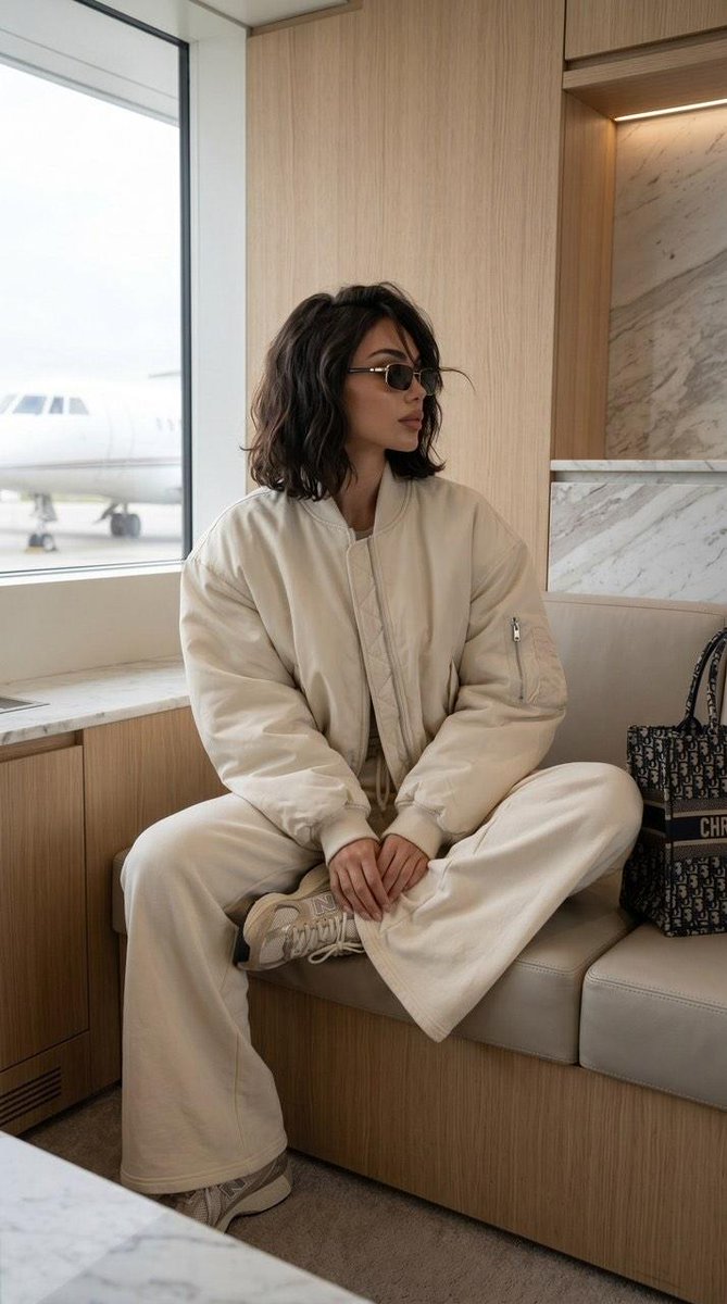 美丽的女性在私人航站楼休息室中等待。超大号米色飞行员夹克，飘逸的阔腿运动裤，设计师运动鞋，奢华托特包，时尚太阳镜。完美的光泽秀发，高端护肤光彩。随意地坐着，目光偏离镜头。近距离拍…