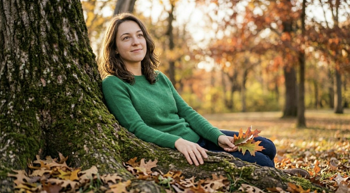一组温暖的电影感秋季人像照,镜头中的女子留着波浪状的及肩棕色长发,面带柔和微笑,神情温婉。她身穿一件色彩鲜艳的翡翠绿长袖针织衫,搭配深蓝色牛仔裤。场景设定在黄金时分的宁静公园中…