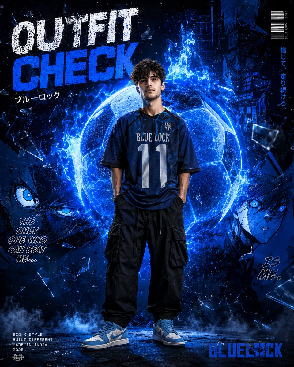 GPT Image 2 于 ChatGPT 提示 1： 一张超写实电影感动漫运动时尚海报，画面中是一位年轻的印度男子（已上传参考照片），身穿超大黑色工装裤、蓝色超大球衣、运动鞋…