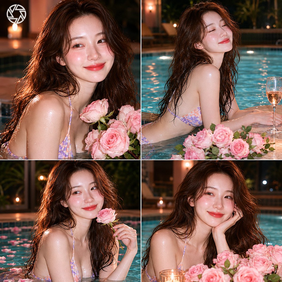 高级四张图片时尚编辑拼贴，采用精致的杂志版式布局。参考女性置身于柔和打光的工作室中，周围环绕着淡粉色玫瑰，自然窗光洒入。每个画面捕捉不同的姿态与表情，同时保持…
