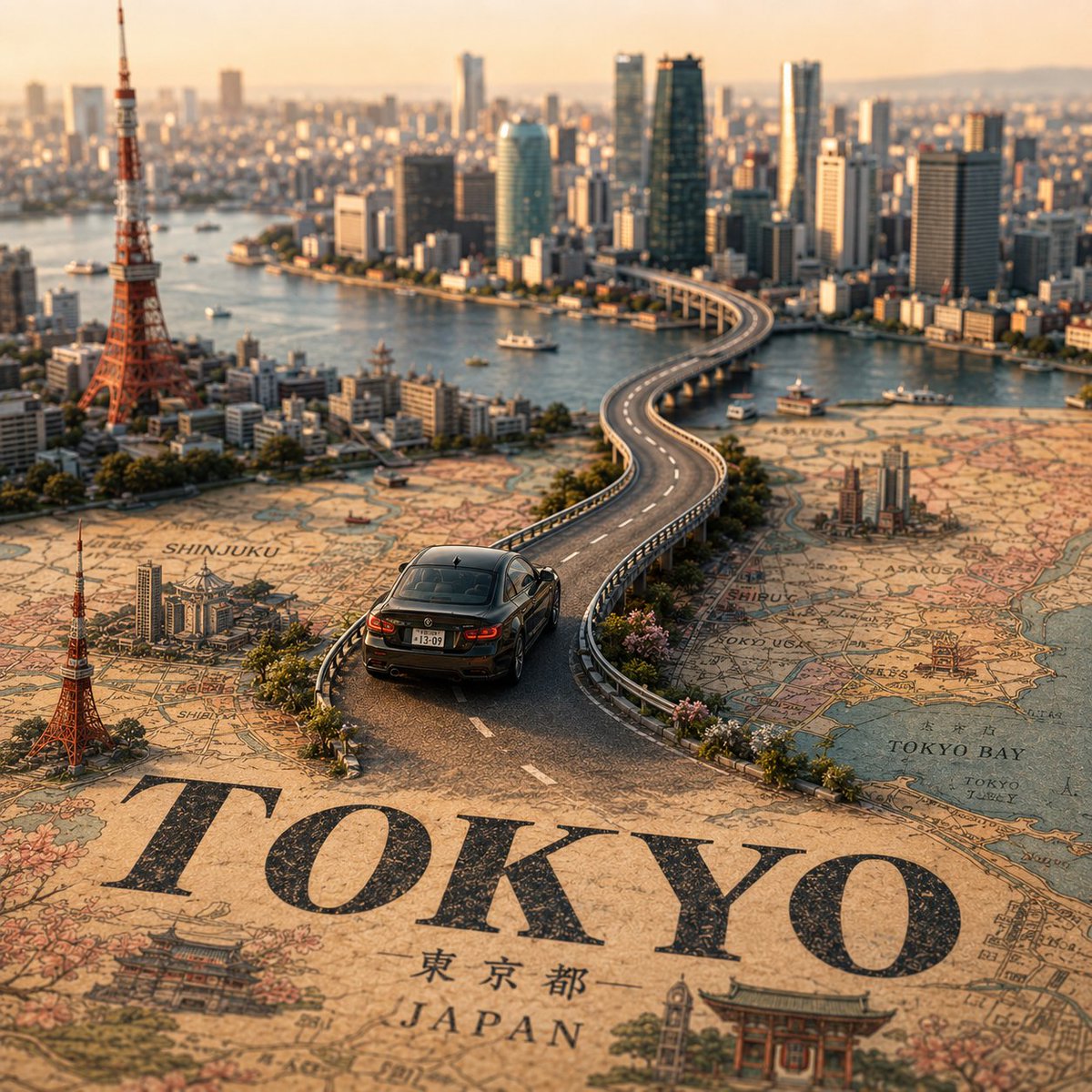 创建一个高度精细的电影感微缩移轴旅行场景，主题城市为 [CITY NAME]，其中包含一辆写实的 [VEHICLE NAME] 正行驶在一条蜿蜒的高架道路上，这条道路自然地从一张…
