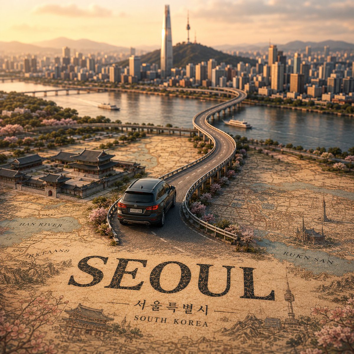 创建一个高度精细的电影感微缩移轴旅行场景，主题城市为 [CITY NAME]，其中包含一辆写实的 [VEHICLE NAME] 正行驶在一条蜿蜒的高架道路上，这条道路自然地从一张…