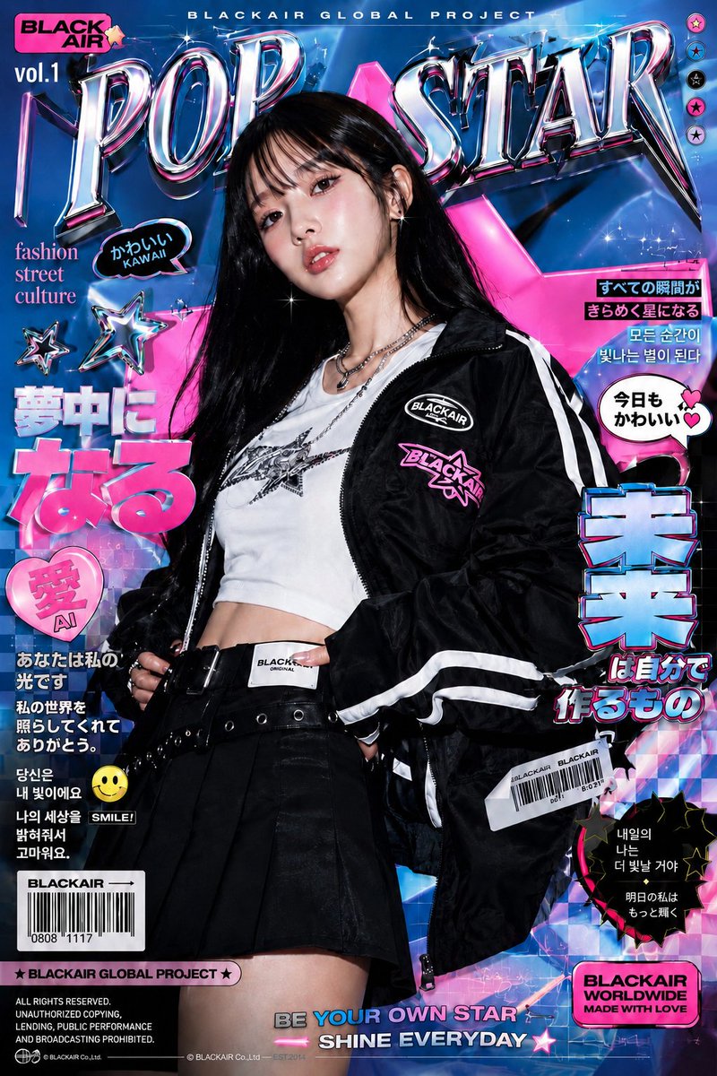 超风格化的高端时尚编辑海报,画面中央是一位自信的年轻亚洲女模,姿态优雅,皮肤光泽透亮,柔和水润妆容,丝滑黑色长发配轻盈碎刘海,身着潮流韩风街头服饰,造型细节精致。纯净影棚布光,高…