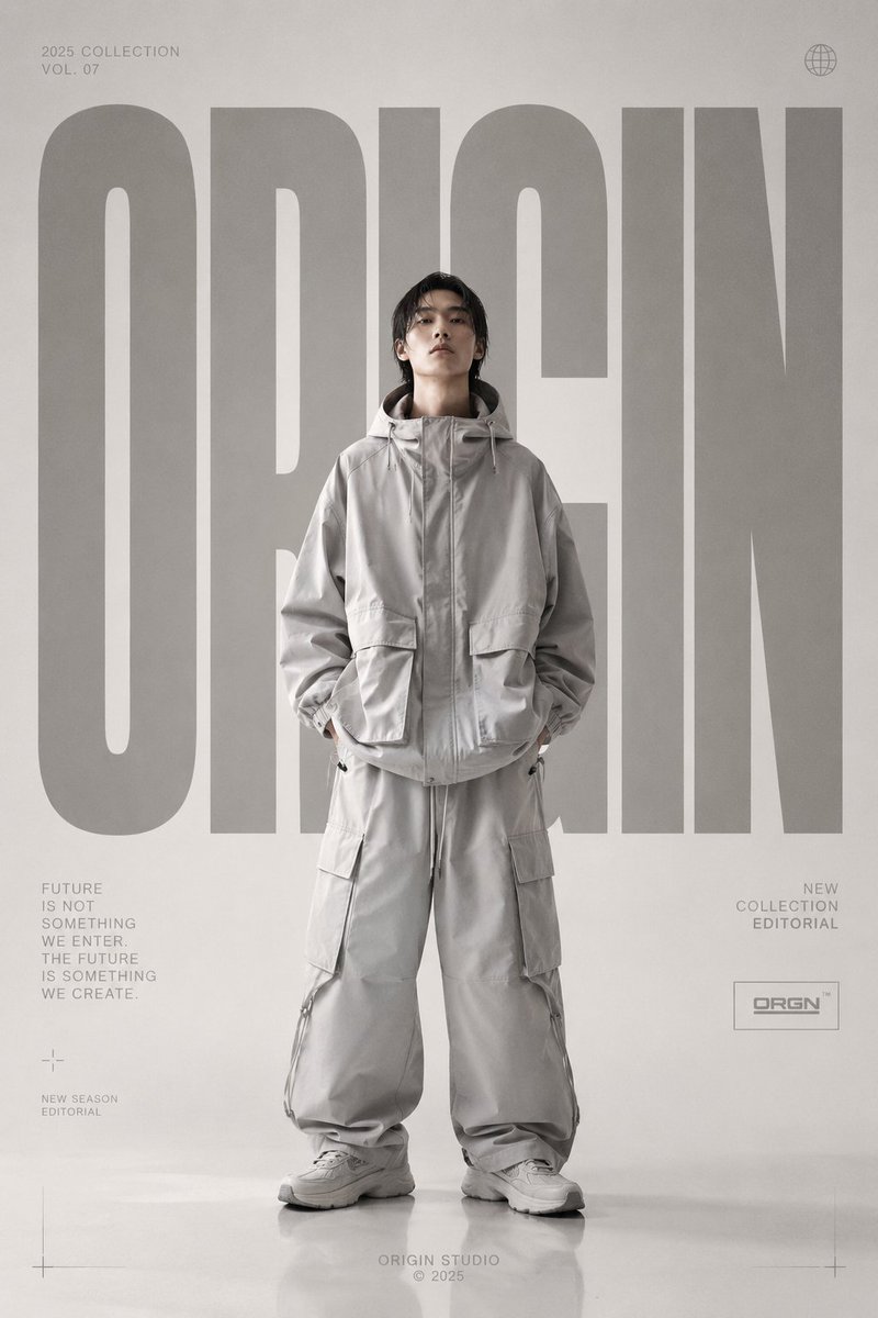 高端时尚编辑风格海报，品牌为 [BRAND NAME]，全身时尚模特居中，超大码奢华街头服饰造型，干净对称的姿态，真实的时尚摄影，柔和的影棚灯光，极简未来主义…