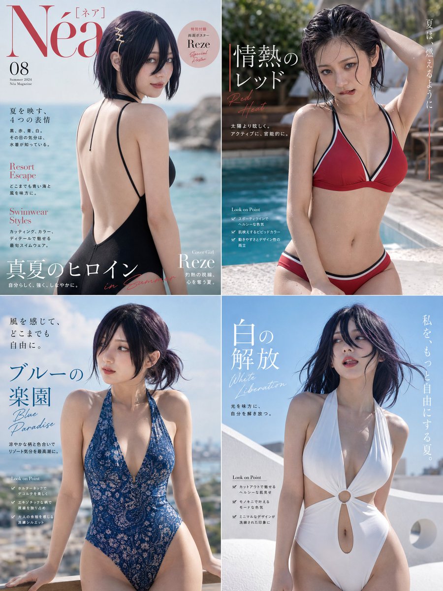 生成一份约 4 页的泳装时尚杂志版面，以【Name】作为主模特，采用真人 cosplay 风格。 造型设计：为她搭配多款不同颜色、图案和剪裁的泳装，每页搭配一款不同的发型。 表情…