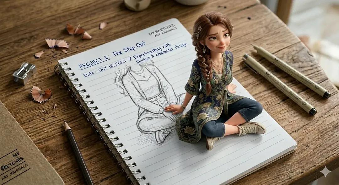 一个富有创意的3D错觉艺术作品,画面中一个可爱的年轻女孩从放在木桌上的螺旋装订笔记本页面中浮现。笔记本上显示着带有横线的纸张,顶部有手写文字。女孩拥有半写实的3D卡通风格,柔和的…