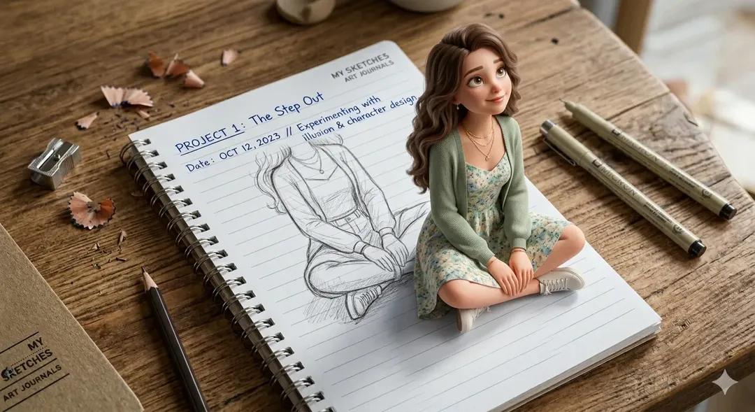 一个富有创意的3D错觉艺术作品,画面中一个可爱的年轻女孩从放在木桌上的螺旋装订笔记本页面中浮现。笔记本上显示着带有横线的纸张,顶部有手写文字。女孩拥有半写实的3D卡通风格,柔和的…