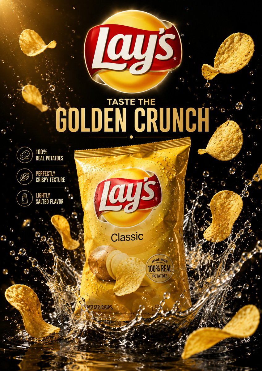 为一家著名零食品牌打造一款超高端奢华风格广告海报,由世界顶级平面设计师、奢侈品牌专家以及屡获大奖的广告艺术总监亲自操刀设计。将产品作为视觉主角置于构图中心,以超大尺寸呈现,周围环…