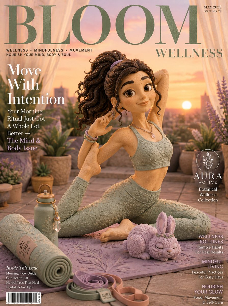 GPT Image 2 在 ChatGPT 上 🪄 提示词 ⬇ BLOOM WELLNESS 生活杂志封面 [主体]：一个光彩照人的黏土动画女孩，扎着高高的黏…