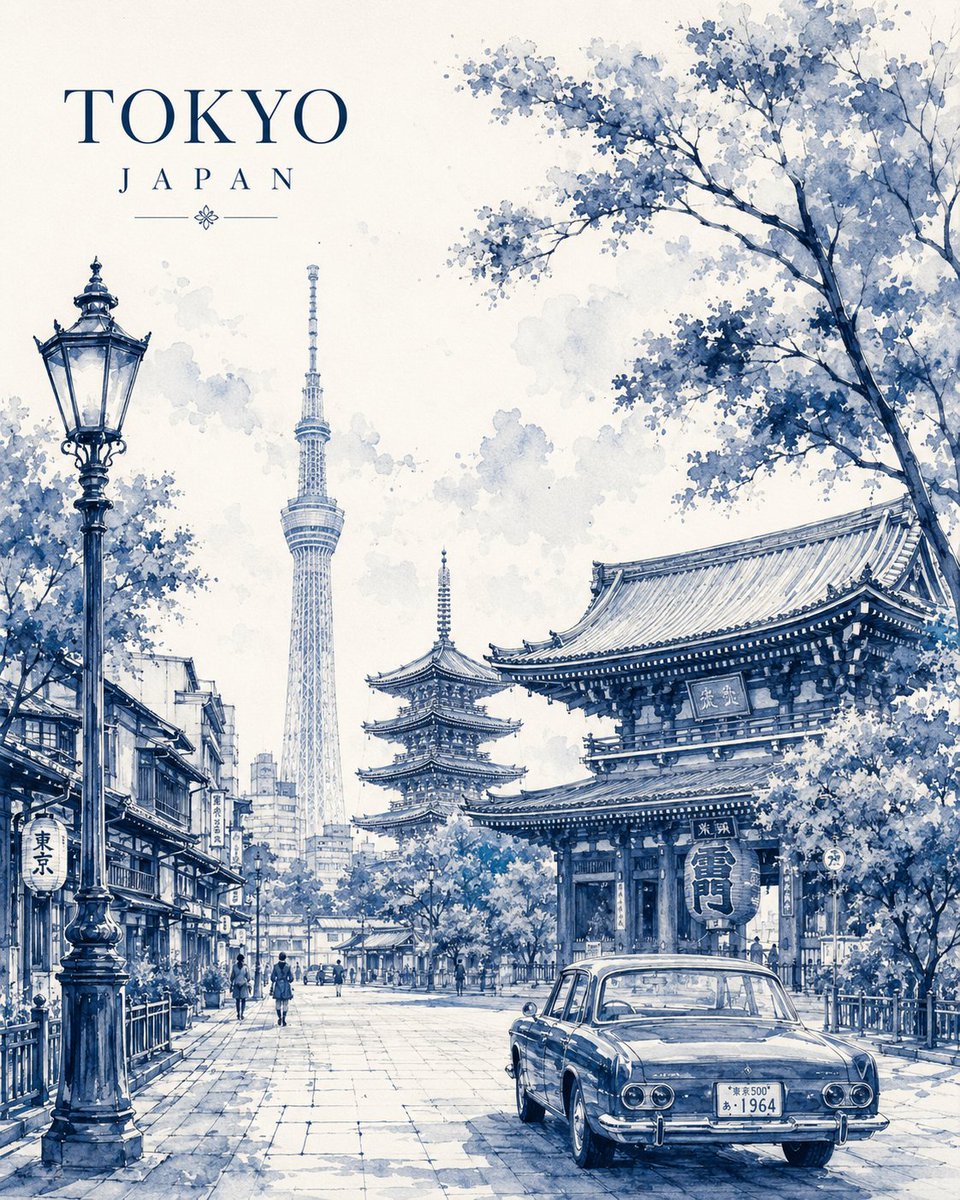 极简复古水彩旅行海报插画，描绘[CITY NAME]，[COUNTRY]，完全以优雅的单色[COLOR]水彩与精细的墨线笔触呈现。 宽高比：4:5 竖向构图，针对海报与社交媒体展…