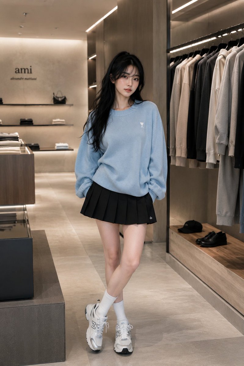 一张全身时尚编辑大片摄影，照片中的美丽年轻女性与参考图外貌一致：光泽柔顺的深色长发、柔和的刘海、白皙肤色、精致女性化五官。她随意站立在一间高端极简风格时尚精品…