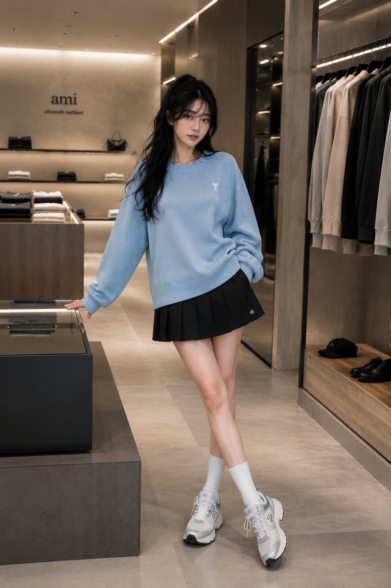 一张全身时尚编辑大片摄影,照片中的美丽年轻女性与参考图外貌一致:光泽柔顺的深色长发、柔和的刘海、白皙肤色、精致女性化五官。她随意站立在一间高端极简风格时尚精品店内,身穿超大淡蓝色…