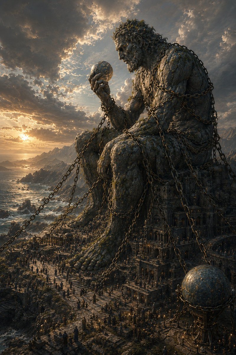 一座庞大的沉思泰坦，盘踞于古老的海岸文明之上，巨大的锁链将巨人连接到宏伟的建筑与地貌之中，巨人手托天体之球，俯瞰辽阔的宜居世界，风化如石般的皮肤布满岁月与自然…