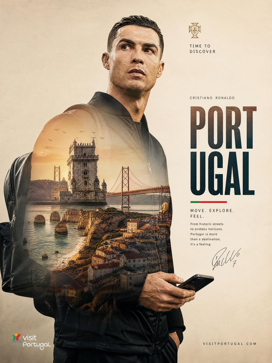 超高端旅游海报，主角为克里斯蒂亚诺·罗纳尔多（Cristiano Ronaldo），采用精致的双重曝光风格设计。一幅高度精细的电影感肖像画：克里斯蒂亚诺·罗纳尔多自信地站立在温暖…