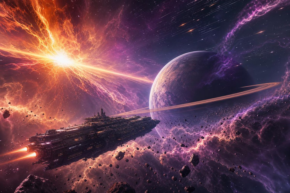 一艘巨大的飞船在令人叹为观止的宇宙景观中漂流,被一团由鲜艳的紫色和橙色组成的旋涡状星云衬托得相形见绌,背景中还有一颗巨大的带环行星若隐若现……更多内容请参阅替代文本 #aiart…