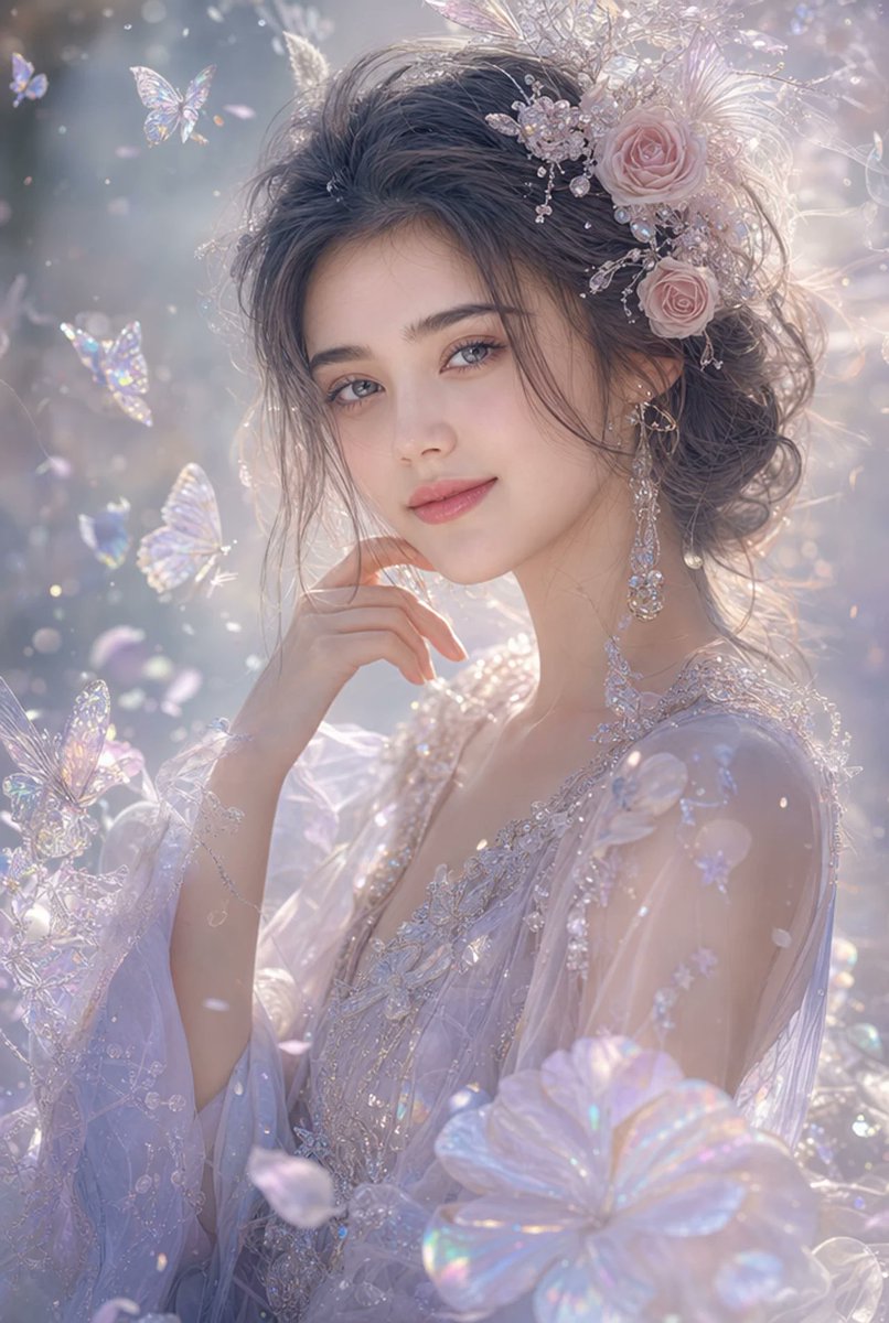 超写实空灵奇幻肖像:一位令人惊艳的年轻女子,拥有细腻瓷感肌肤、柔和灰蓝色眼眸与自然玫瑰色双唇。她带着宁静梦幻的神情温柔望向观看者,指尖轻触下巴。纤细的灰棕色头发在微风中轻柔飘动…