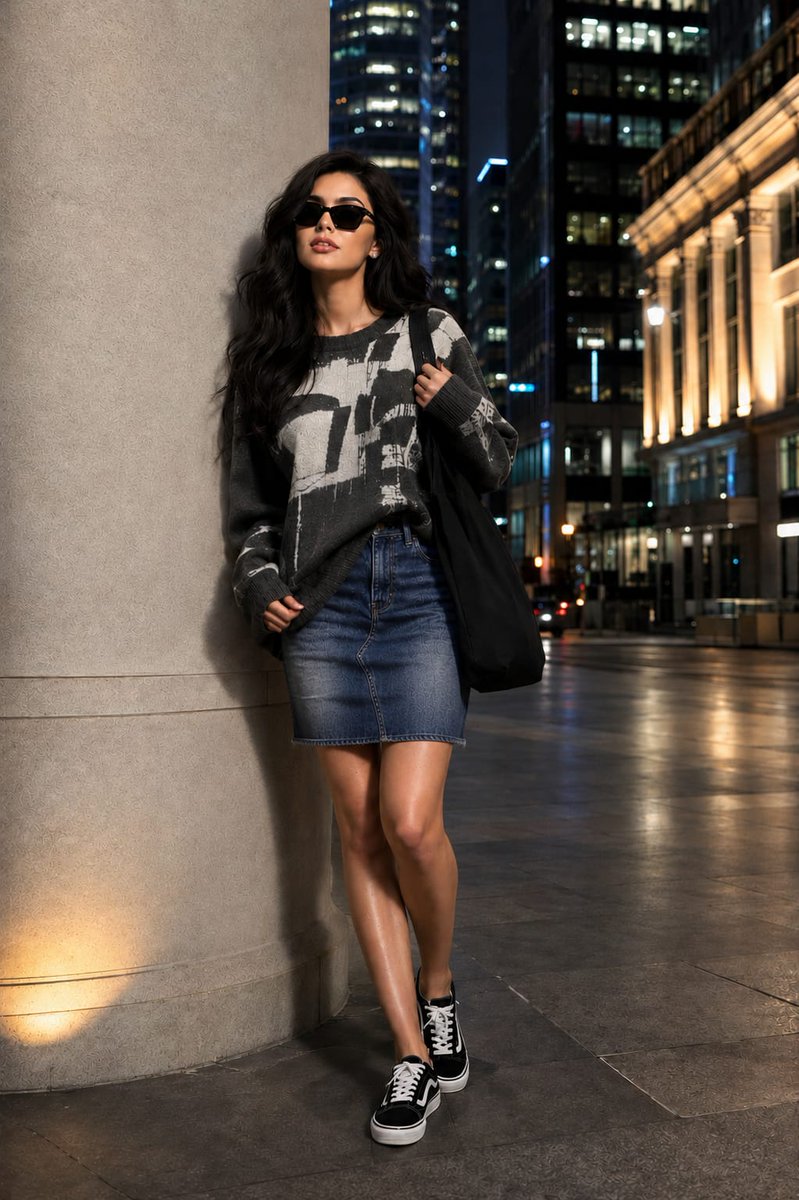 超写实全身时尚编辑大片照片:一位美丽的年轻女性,与参考形象保持相同的面部身份与外貌。她站在日落后高端金融区一根造型简约的石灰岩柱旁,散发出优雅融合自信与魅力的气质。她佩戴现代黑色…