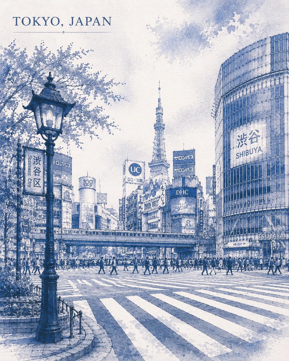 一幅优雅的水彩旅行海报插画，描绘世界著名城市地标，采用钴蓝色与白色的单色调绘制于带有肌理的水彩纸上。细致的建筑景观，包含标志性的街道、历史建筑、复古街灯、林荫大道、行人、车辆以及…