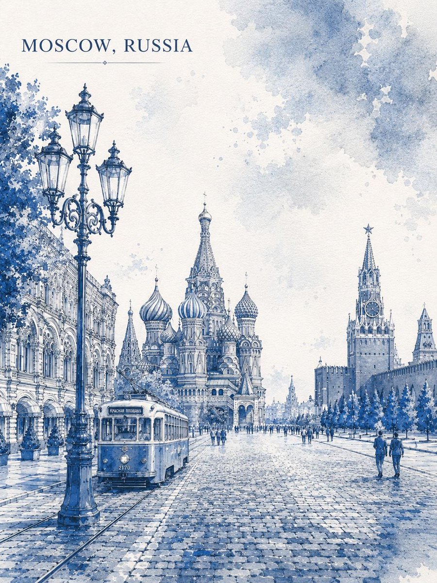 一幅优雅的水彩旅行海报插画，描绘世界著名城市地标，采用钴蓝色与白色的单色调绘制于带有肌理的水彩纸上。细致的建筑景观，包含标志性的街道、历史建筑、复古街灯、林荫大道、行人、车辆以及…