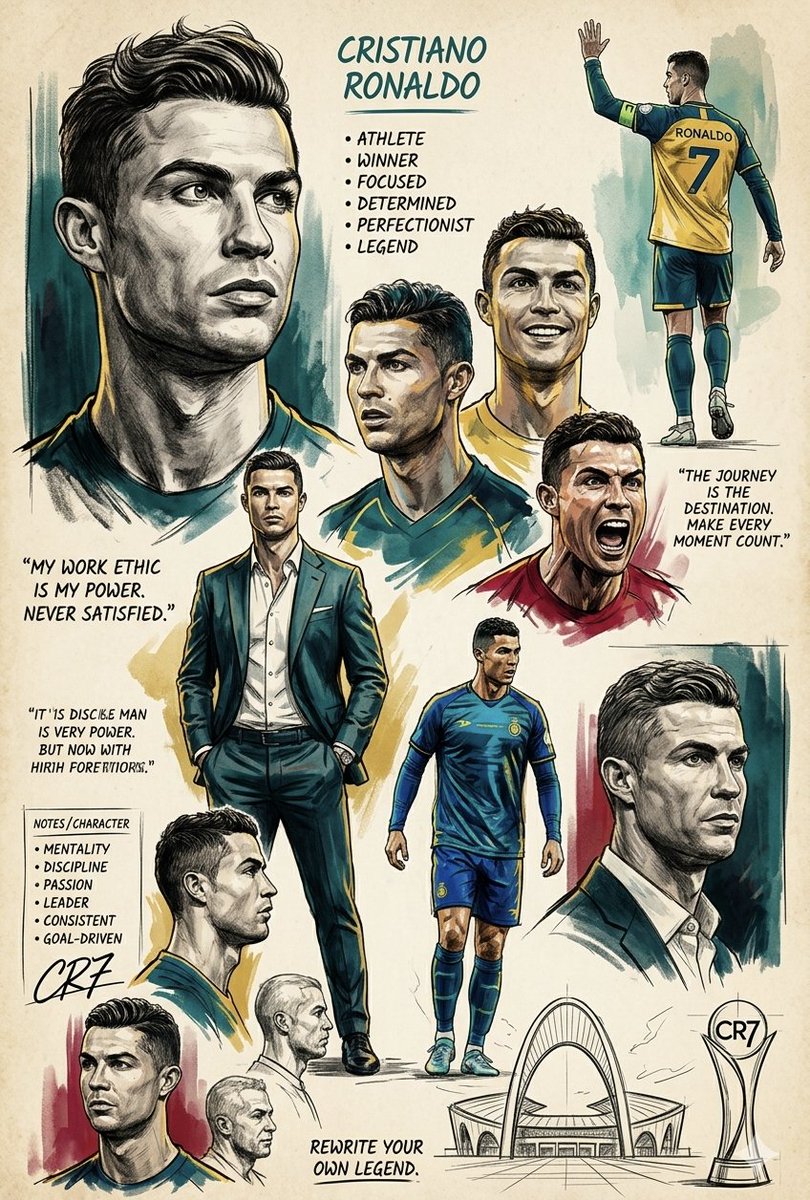 一幅献给足球明星克里斯蒂亚诺·罗纳尔多(Cristiano Ronaldo)的艺术性多面板海报拼贴画，采用复古素描与水彩风格，呈现于带有古旧感的米白色羊皮纸纹…