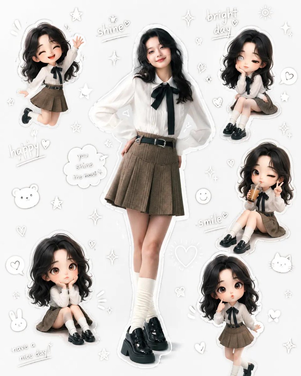 一个超可爱的美学角色拼贴画，画面中有一位美丽的少女，身着柔和的韩风校服，周围环绕着她自己的多个可爱Q版（chibi）小形象，呈现出不同的俏皮姿势和表情。主角自信地站在中央，穿着白…