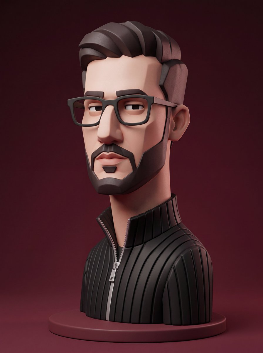 生成一种原创风格化 3D 肖像插画的风格,呈现出收藏级设计师人偶与时尚角色设计的美学。几何化、刻意简化且略带夸张的面部特征:一个大型整体式的鼻子、宽大平整的面部平面、窄长的矩形眼…