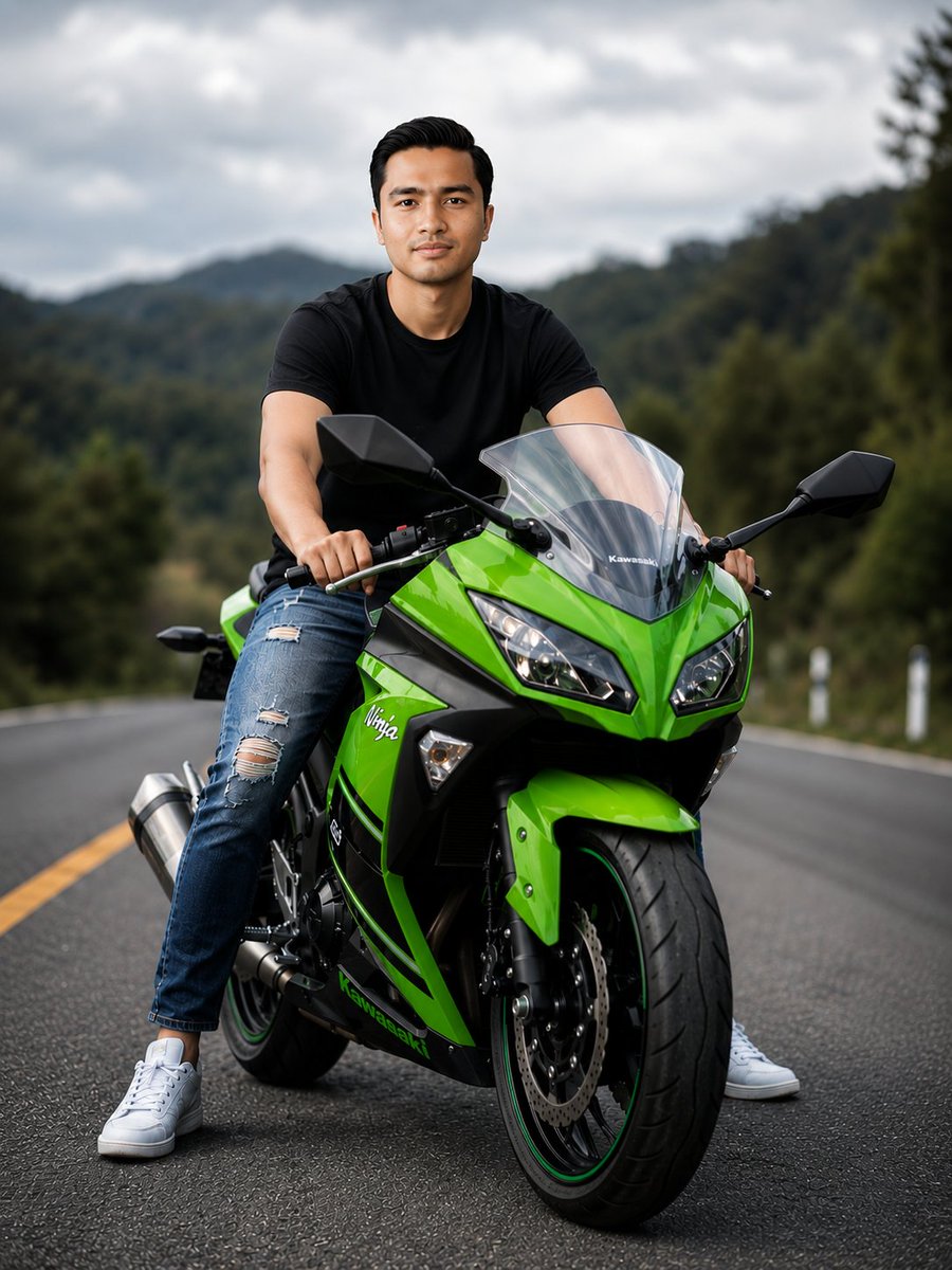 GPT Image 2 于 ChatGPT 提示⤵️ 宽幅人像,一位年轻男子跨坐着一辆鲜绿色运动摩托车,停在一段空旷蜿蜒的山路上,正面四分之三视角,低角度透视…