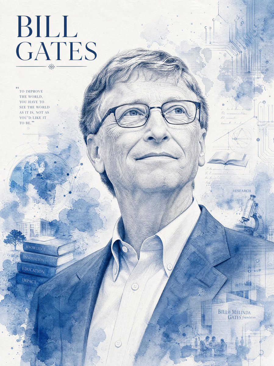 一幅高度精细的单色蓝色水彩与墨水结合的Bill Gates(比尔·盖茨)肖像插画,居中呈现在一张竖版海报构图中。作品呈现为一幅写实而庄重的头肩像肖像,配以精细的铅笔素描线条、淡雅…