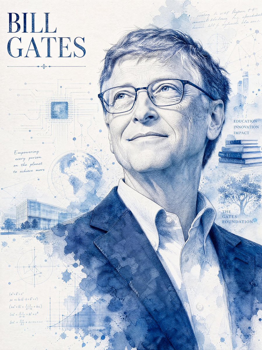 一幅高度精细的单色蓝色水彩与墨水结合的Bill Gates(比尔·盖茨)肖像插画,居中呈现在一张竖版海报构图中。作品呈现为一幅写实而庄重的头肩像肖像,配以精细的铅笔素描线条、淡雅…