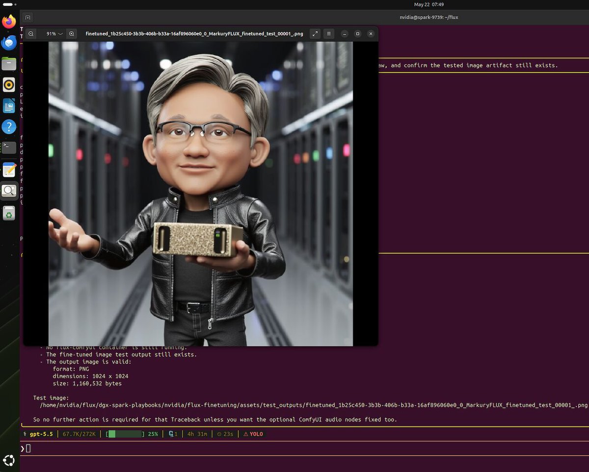 /目标 按照 NVIDIA 教程在本地对 FLUX 模型进行微调，自主排查问题，自动恢复长时间运行的任务，并通过生成图像来验证最终模型。 教程: https…