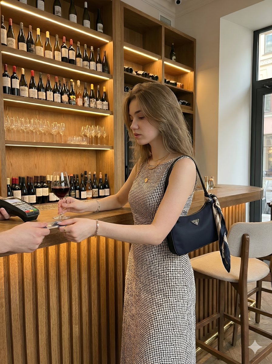 一位美丽的年轻女性，留着长波浪卷发，身着时髦的黑白波点无袖中长连衣裙，坐在一家高档酒吧的吧台前，一只手轻轻靠在唇边，摆出若有所思的姿态。她身后的墙壁上陈列着一排排高端葡萄酒。旁边…
