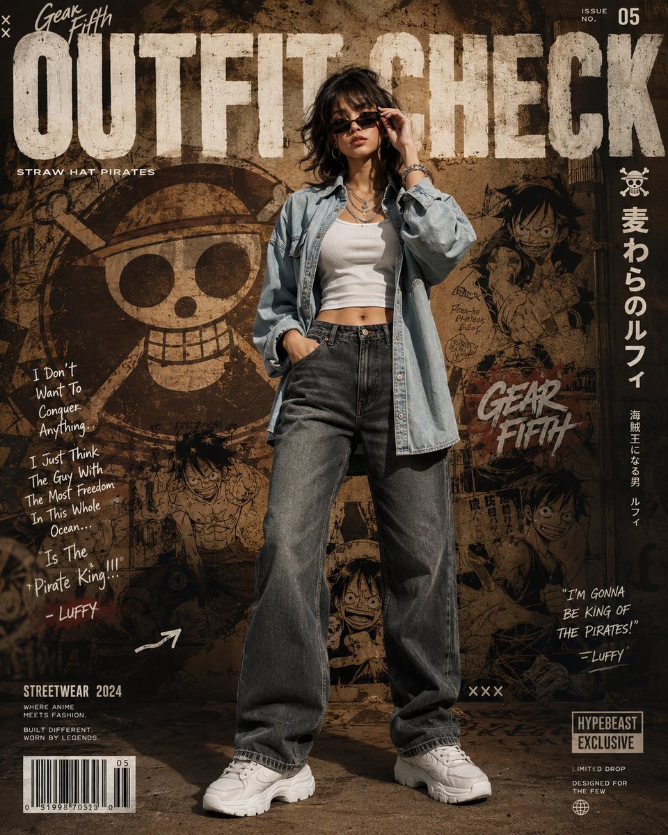 一部充满电影感的动漫灵感街头服饰编辑海报,以一位时尚年轻女性作为高端时尚广告的主角。 主体:一位自信的25岁女性,以放松却极具号召力的潮人姿态站立。一只手随意插在牛仔裤口袋里,另…