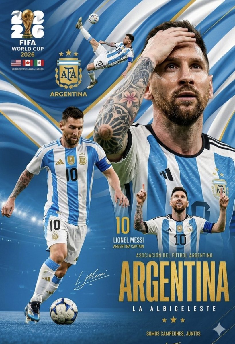 一张充满活力与动感的体育主题图形海报，向莱昂内尔·梅西（Lionel Messi）与阿根廷国家足球队致敬。背景采用流动且风格化的阿根廷国旗图案，以标志性的浅蓝…