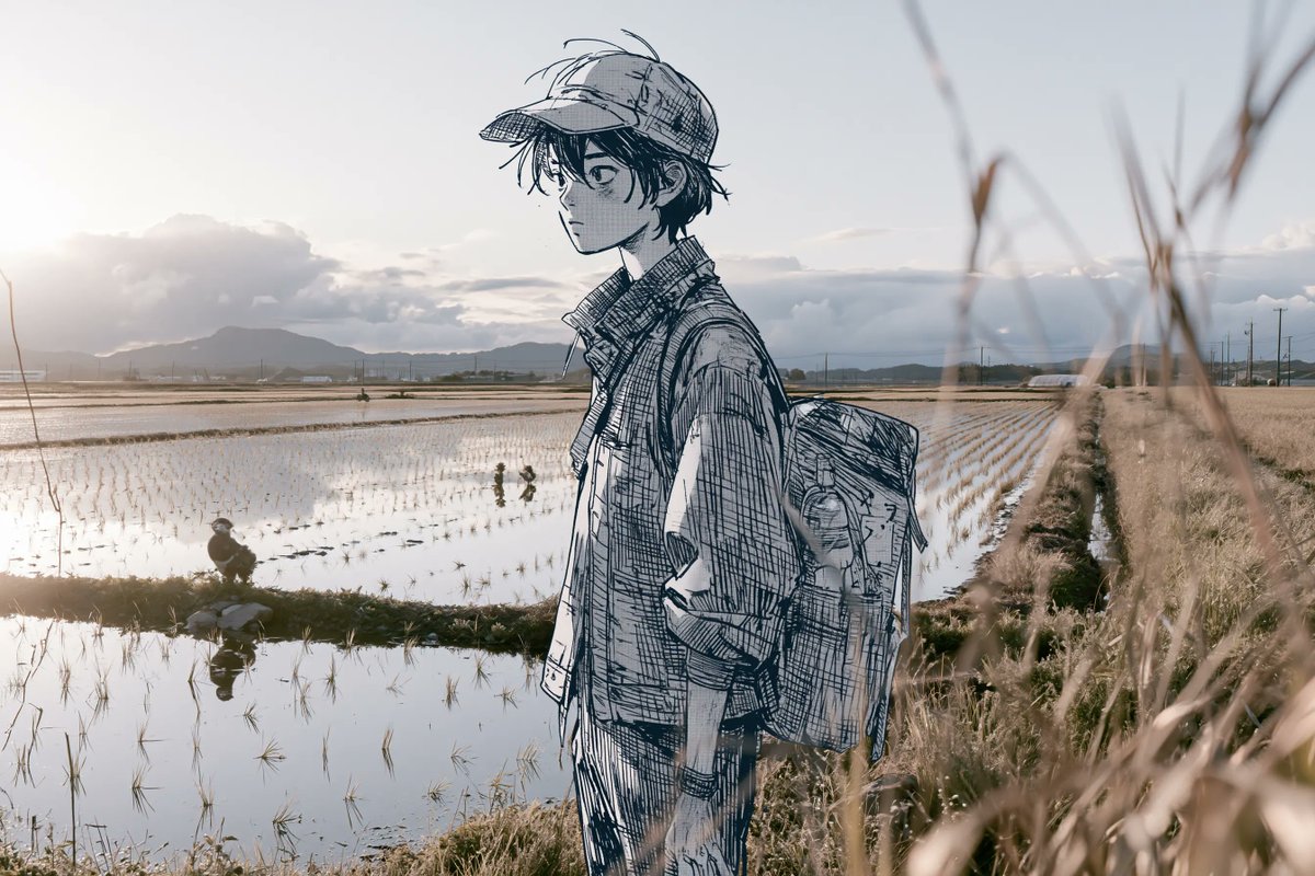 一张超写实的照片，画面中是一个[真实世界的地点]在[季节]时的景象，包含[环境细节]，电影感的景深，自然光线，超精细的写实主义质感。场景中无缝融入一幅二维黑白漫画插画，描绘一个[…
