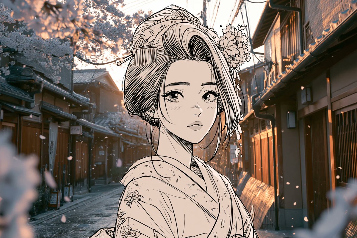 一张超写实的照片，画面中是一个[真实世界的地点]在[季节]时的景象，包含[环境细节]，电影感的景深，自然光线，超精细的写实主义质感。场景中无缝融入一幅二维黑白漫画插画，描绘一个[…