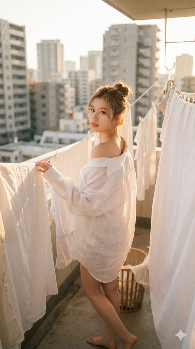 K-pop偶像摆姿势站在阳光明媚的公寓阳台上，周围晾衣绳上挂满了白色床单。身穿宽大的半透明白色亚麻纽扣衬衫，敞开披着，从一侧肩膀滑落。柔软的棕色头发松松地挽起，猫一样的眼睛，高鼻…