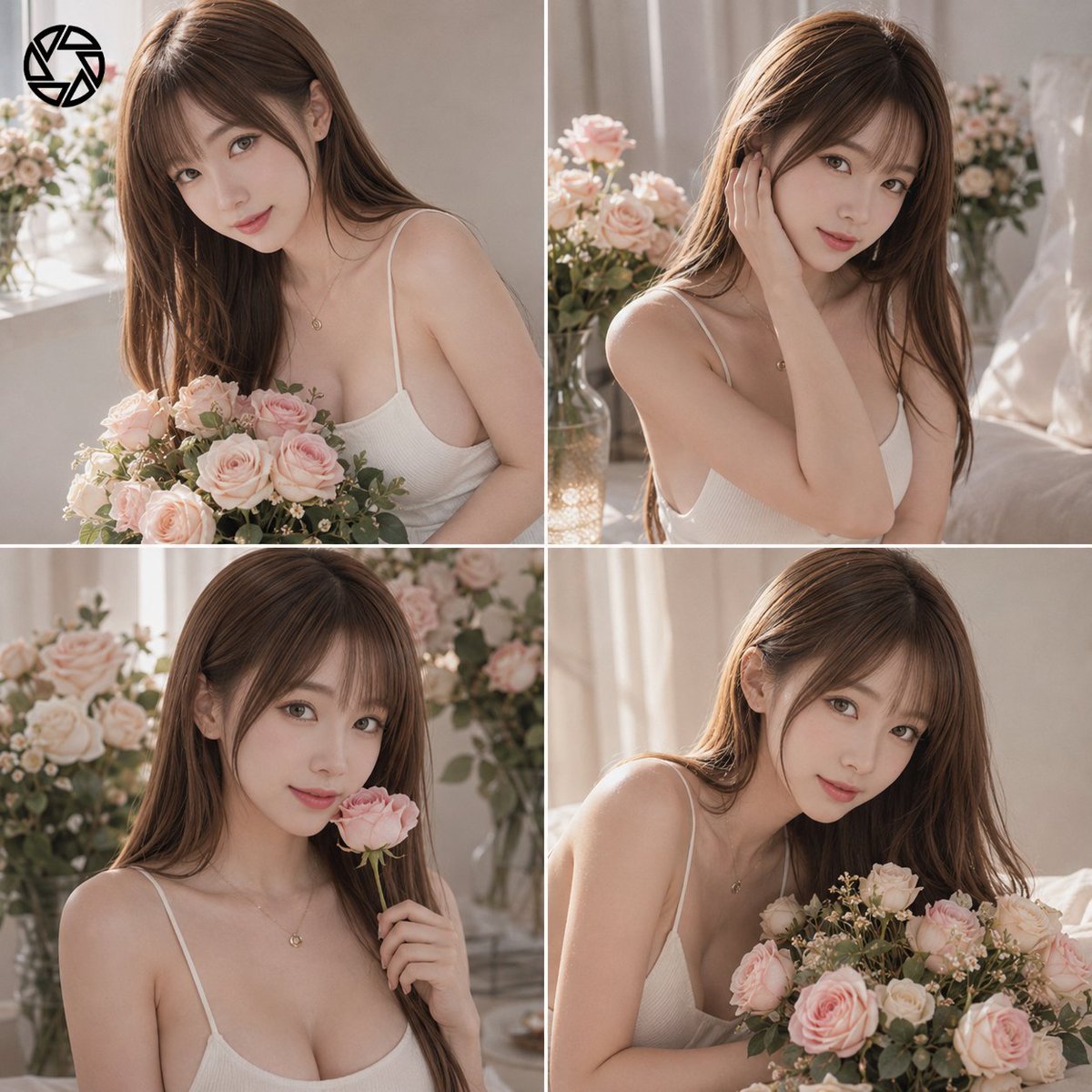 高端四图时尚编辑拼贴，以精致的杂志版面布局呈现。参考女性被腮红粉色玫瑰环绕，置于光线柔和的影棚中，采用自然窗光照明。每一个分格都捕捉不同的姿态与表情，同时保持…