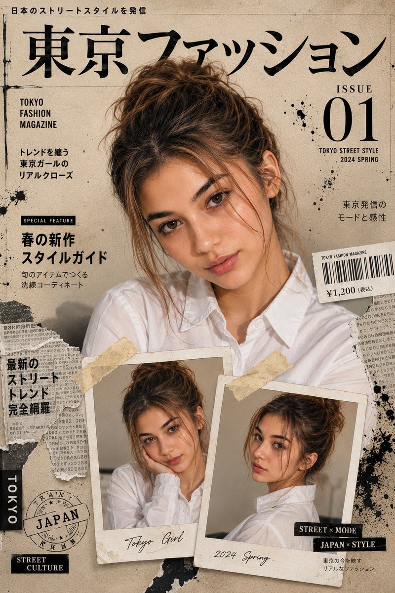 创建 8K 超电影级高端日系时尚封面，使用参考图像作为精确身份。顶部大幅电影级肖像，底部两张用胶带固定的宝丽来肖像，所有图像中保持一致的脸部。米色纹理纸张背景，黑色墨水飞溅，撕碎…