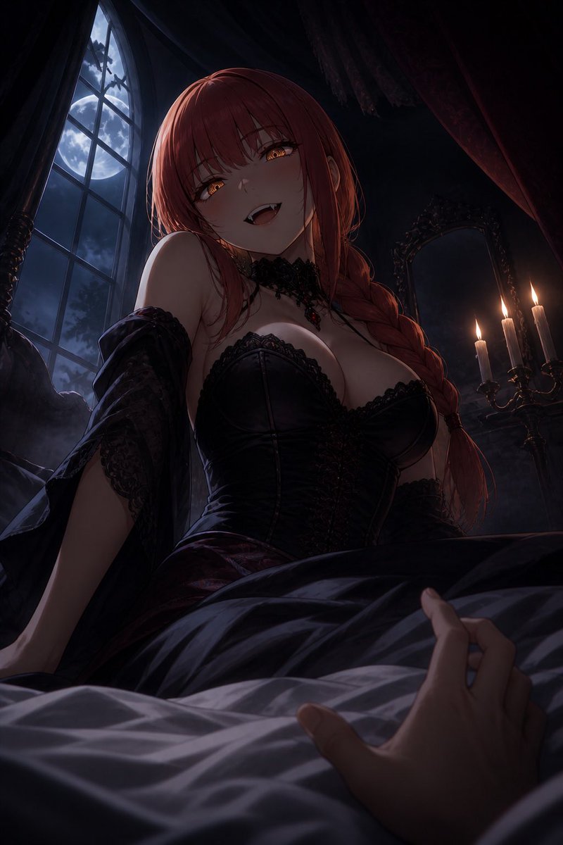 Chat GPT Image 2.0 [Character]，吸血鬼獠牙，挑逗的掠食者笑容，从上方俯身向观者，床上的 POV（第一人称视角），凌乱的床单，吸血…