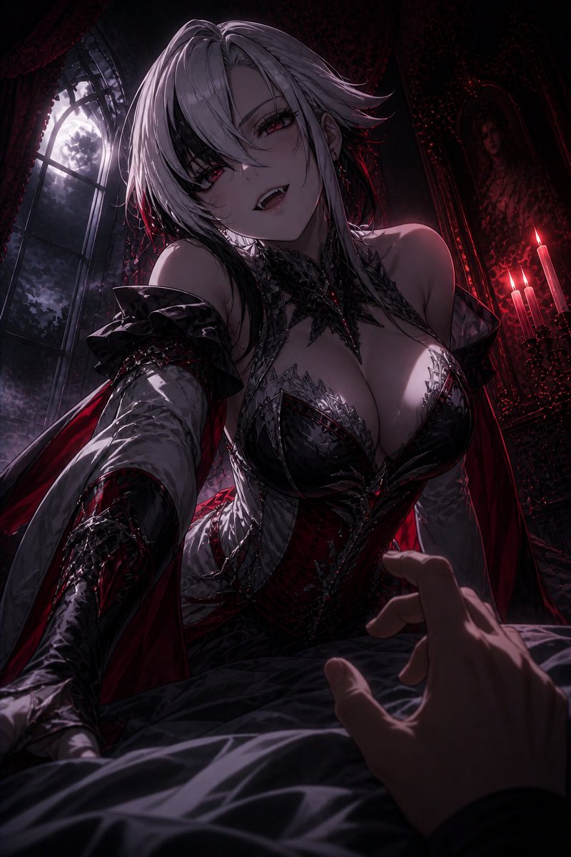 Chat GPT Image 2.0 [Character]，吸血鬼獠牙，挑逗的掠食者笑容，从上方俯身向观者，床上的 POV（第一人称视角），凌乱的床单，吸血鬼礼服，紧身胸衣，月…