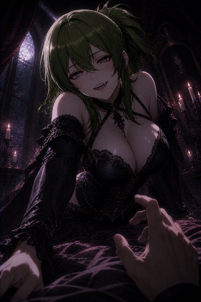 Chat GPT Image 2.0 [Character]，吸血鬼獠牙，挑逗的掠食者笑容，从上方俯身向观者，床上的 POV（第一人称视角），凌乱的床单，吸血鬼礼服，紧身胸衣，月…