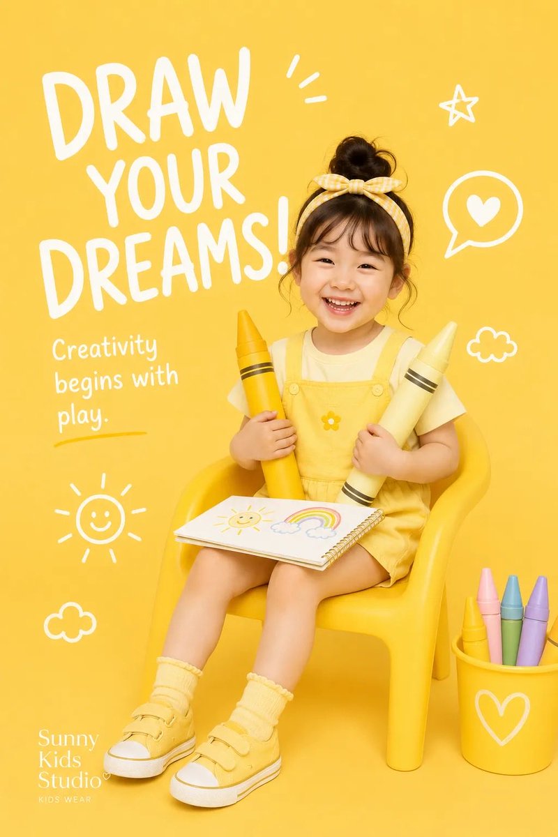 完整提示词：https://t.co/k19VcpSzDM 为[BRAND NAME]设计一款高级且童趣十足的儿童时尚编辑海报。 主题： [儿童时尚 / 童年主题宣传] 风格与艺…