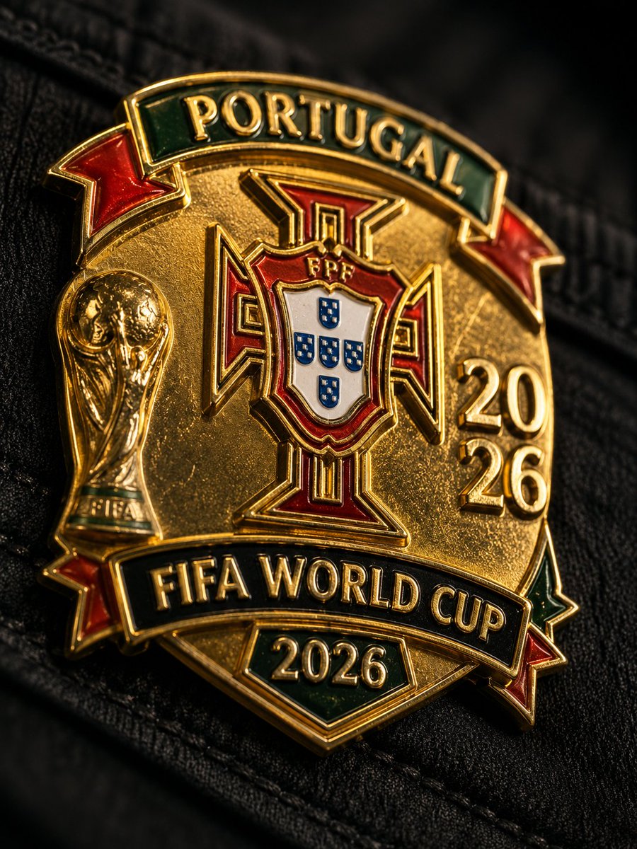 一枚占据视觉中心、填满 3:4 微距画面 70% 的 [Team_Name] FIFA 2026 世界杯珐琅徽章,其闪亮的金色表面呈现出物理上精准的反射、折射以及细微的磨损痕迹…