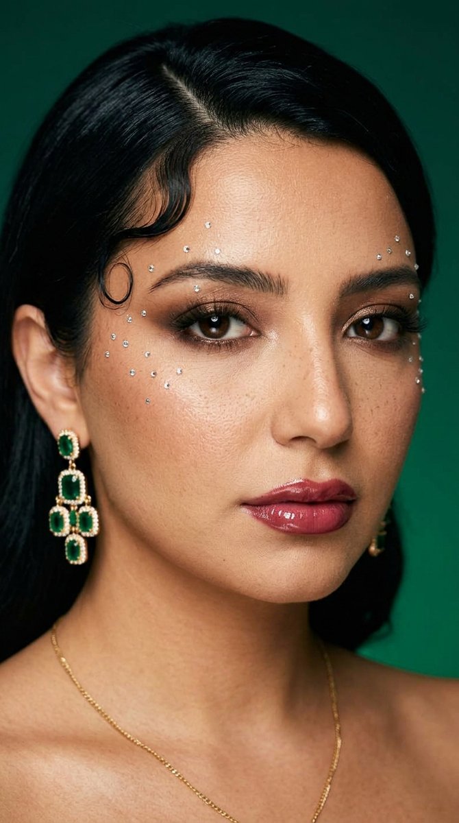 "identity": "same woman in every frame: late 20s, warm olive-tan skin, oval fac…