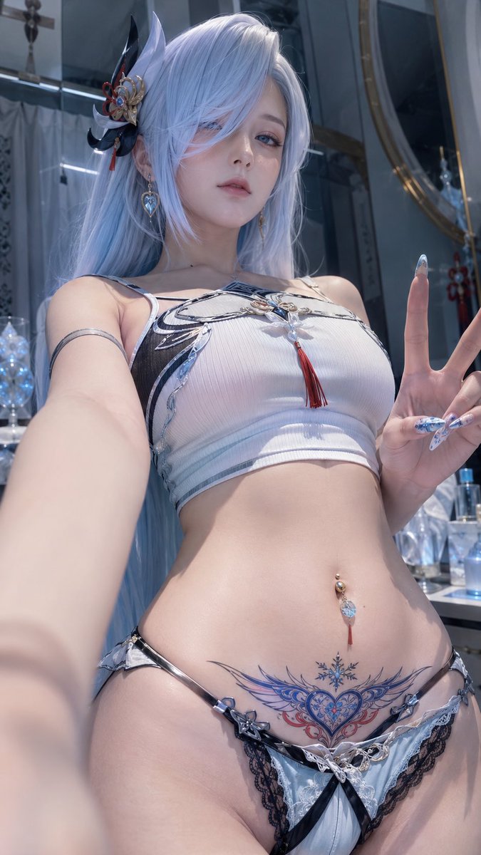 竖屏 9:16 超写实智能手机自拍 | 成人虚构动漫风格女性 | 豪华璃月风格的更衣室 | 极端仰视自拍角度 | 优雅的露脐时尚姿势 | 高级网红美学 | 华丽的短款上衣与低腰时…