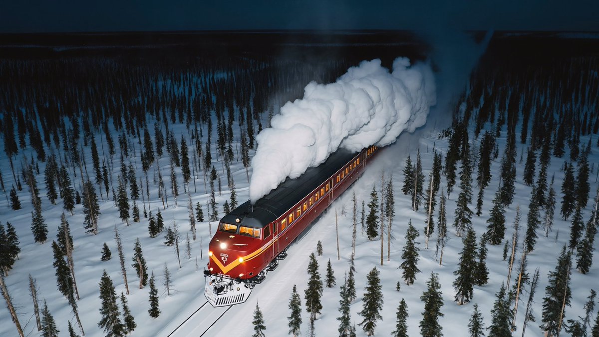 编辑所附的航拍夜景图片：一列红色西伯利亚大铁路（Trans-Siberian）机车正穿过白雪覆盖的西伯利亚针叶林（taiga）。 将所有树木之间的地貌改造成一…
